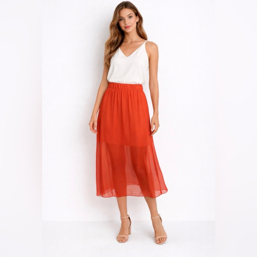 Hale Bob Midi Skirt S Small Red Orange Silk Blend Flowy Sheer Pull On